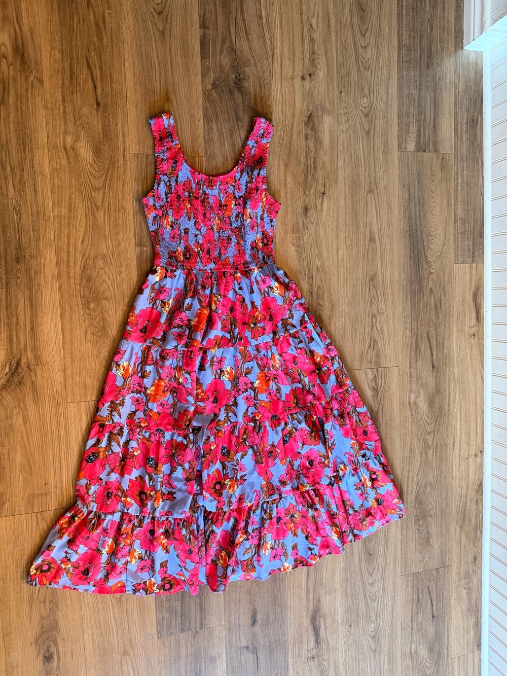 Floral Smocked Midi Dress in Pink & Blue